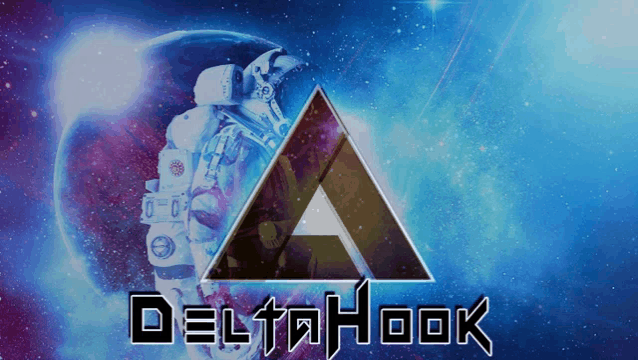 a delta hook logo with an astronaut in space
