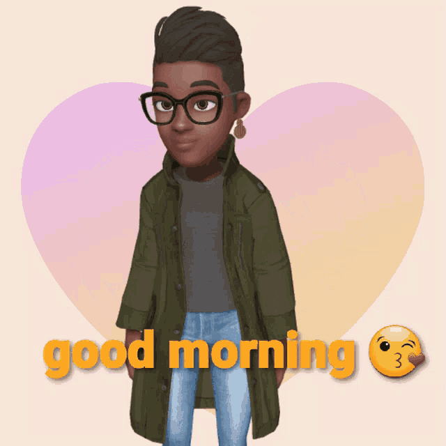 a cartoon character is making a heart with her hands and the words good morning behind her