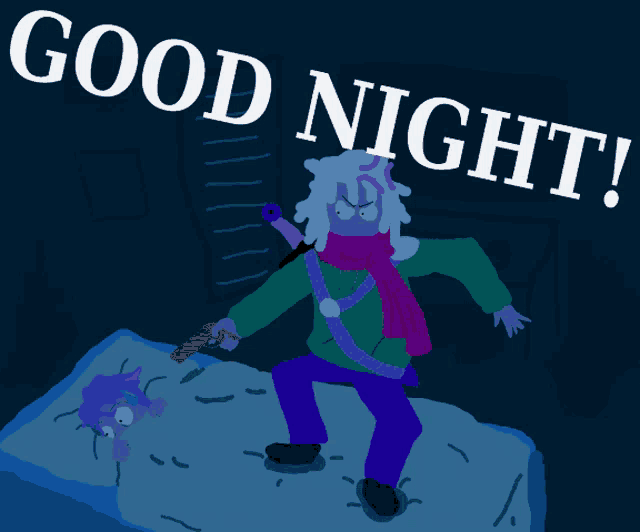 a cartoon of a man holding a gun with the words good night written above him