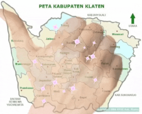 a map of the kabupaten klaten with a green arrow pointing to the utara