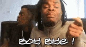 a man with dreadlocks is sitting on a couch with the words boy bye written on his face .