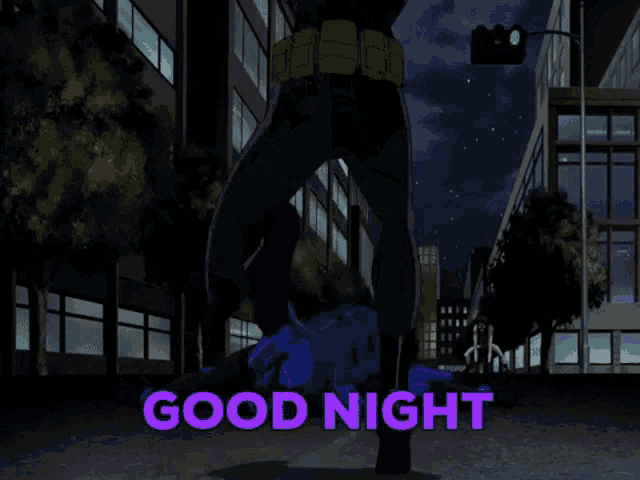 a cartoon character is walking down a street with the words " good night " above him