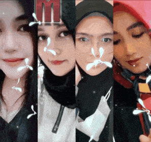 a collage of four pictures of a woman with the letter m on the top right