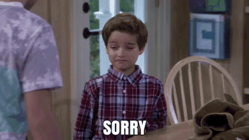 a young boy in a plaid shirt is saying sorry