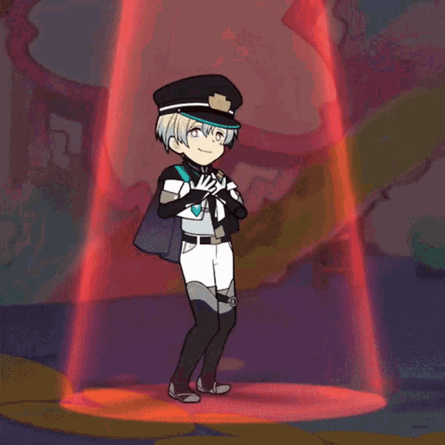 a cartoon character is standing in front of a red background