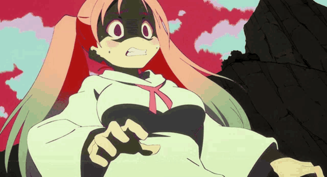 a cartoon drawing of a girl with pink hair