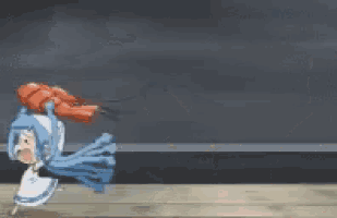 a cartoon character is walking on a wooden floor while holding a red object .