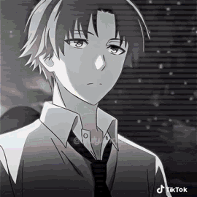 a black and white photo of a boy wearing a tie and a shirt .