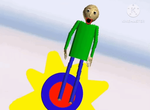 a cartoon character is standing in front of a yellow sun and a blue circle .