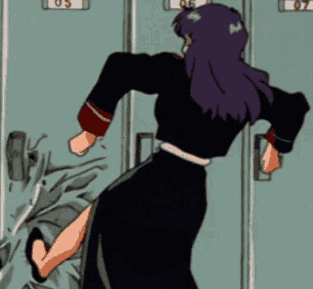 a woman with purple hair is running in front of lockers with numbers 0 and 6