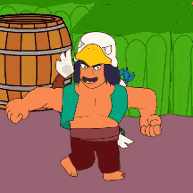 a cartoon character with an eagle hat is standing in front of a barrel