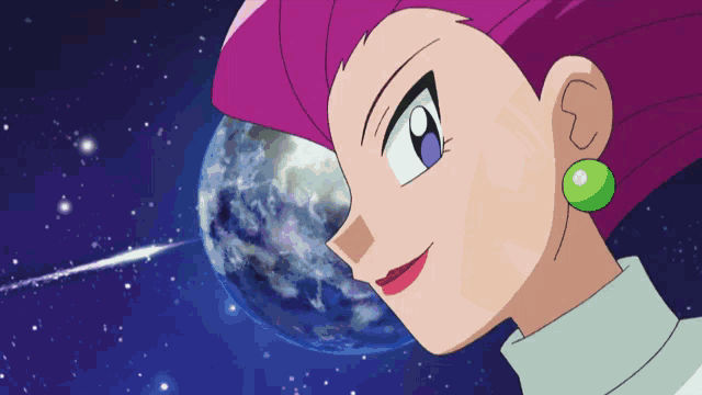 a cartoon character with purple hair and green earrings