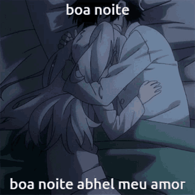 a cartoon of a man and a woman hugging with the words boa noite above them