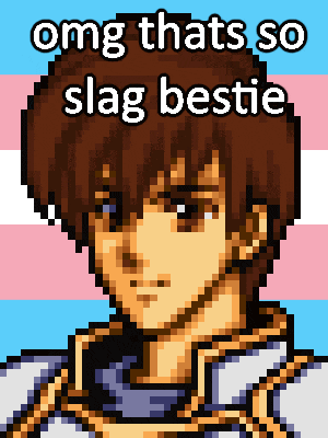 a pixel art drawing of a man with the words omg thats so slag bestie