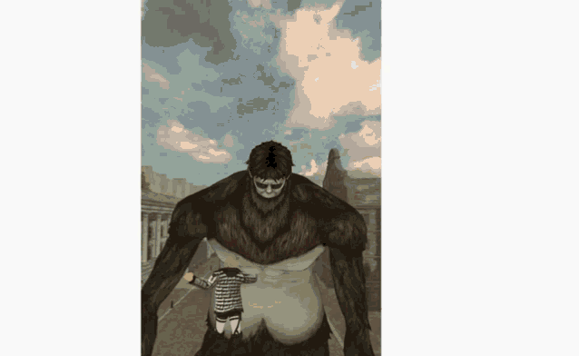 a giant monster with a skull on its face is standing next to a small person