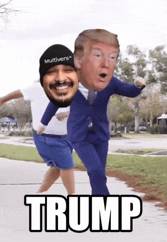 a man wearing a hat with the word multiverse on it is running next to a man wearing a suit and tie