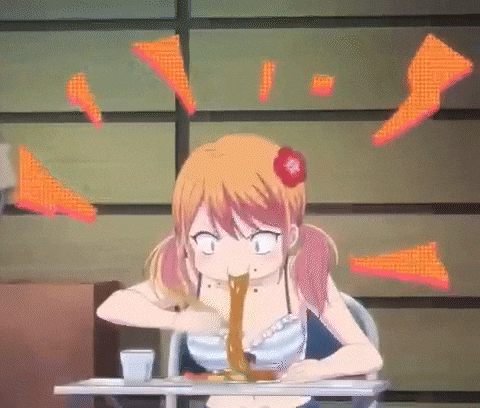 a cartoon girl is sitting at a table eating noodles with a spoon .
