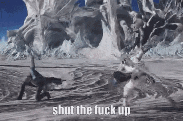a video game scene with the words " shut the fuck up "