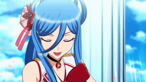 a girl with blue hair and a red necklace is smiling with her eyes closed