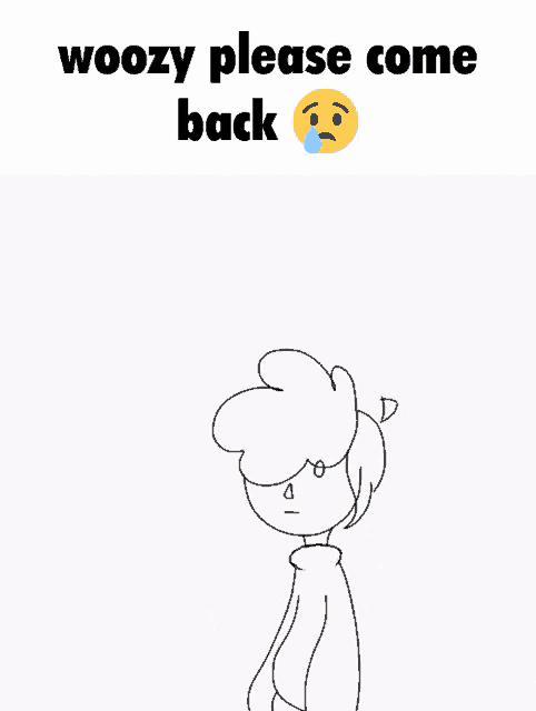 a drawing of a boy with a speech bubble saying woozy please come back kreed