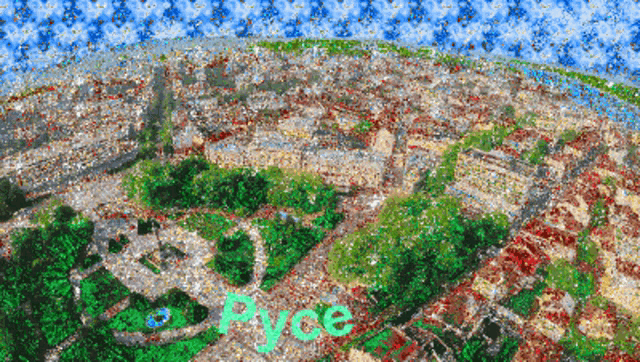 an aerial view of a city with the name pyce written in green