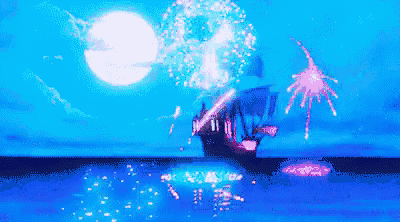 a painting of a ship in the ocean with fireworks in the sky