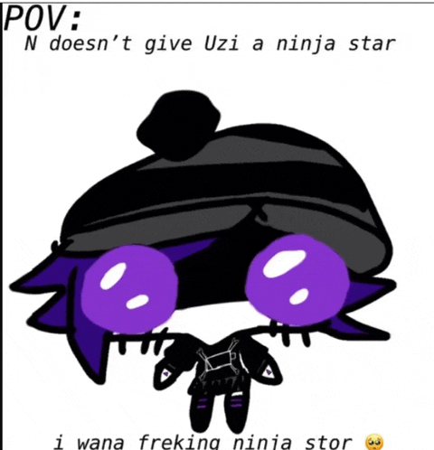 a drawing of a person with purple eyes and the words pov n doesn t give uzi a ninja star