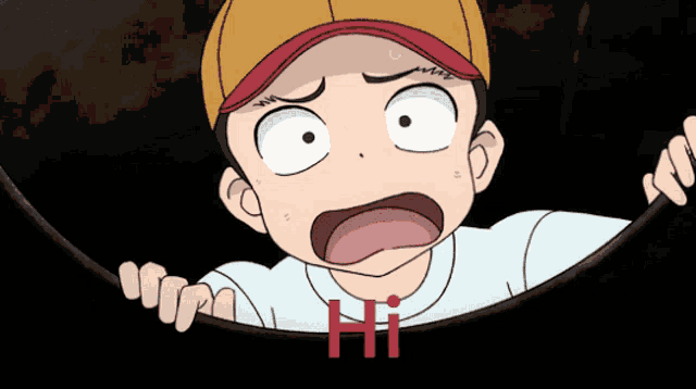a cartoon of a boy with his mouth open and the word hi in red