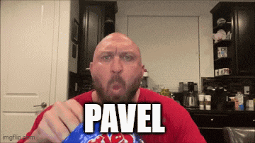 a bald man with a beard is eating a bag of chips with the name pavel on it