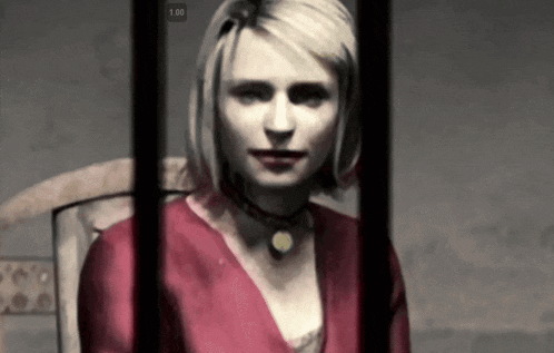 a woman in a red shirt is behind bars with the number 1.00 on the bottom left