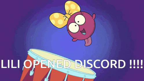 a cartoon character is jumping over a drum with the words lili opened discord !!!