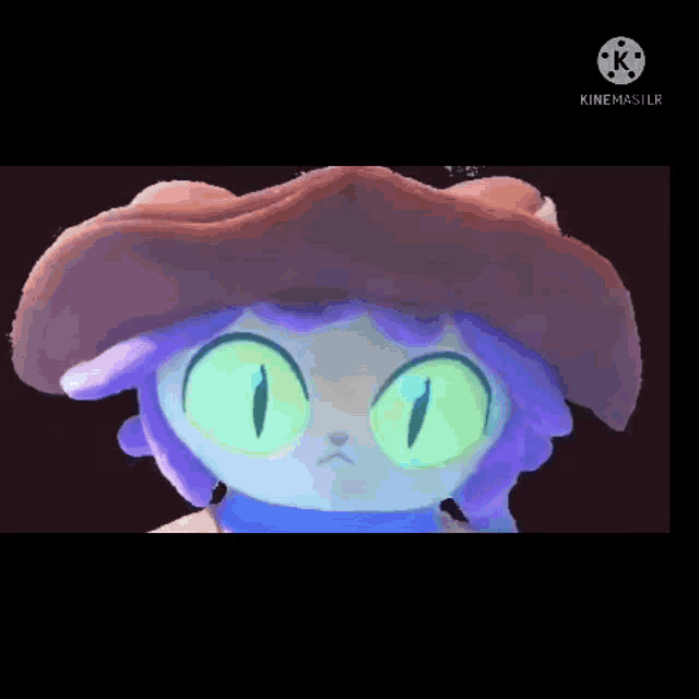 a cartoon character with purple hair and green eyes wearing a cowboy hat