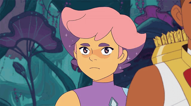 a cartoon character with pink hair is looking at something