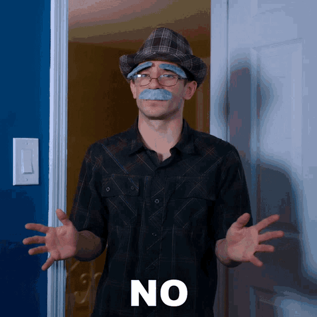 a man with a fake mustache and glasses has the word no above his head