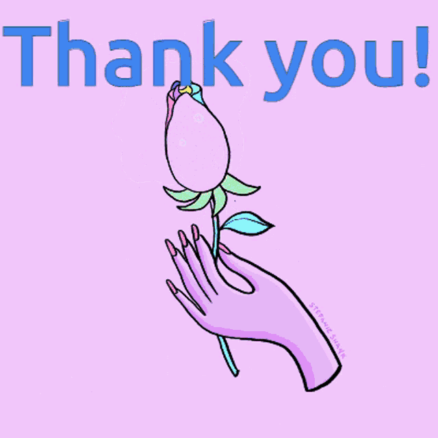 a drawing of a hand holding a rainbow rose with the words thank you below it