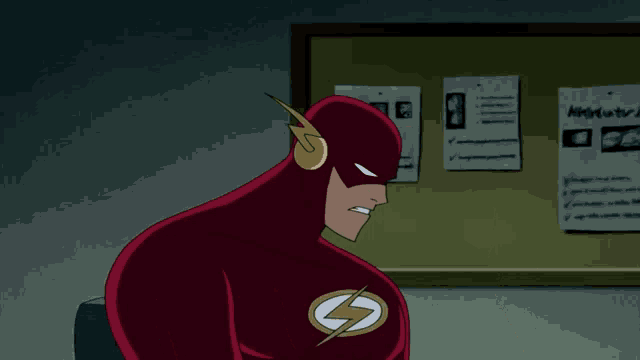 a cartoon of the flash sitting in front of a bulletin board with papers on it