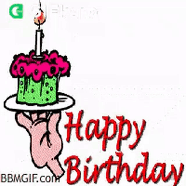 a cartoon of a hand holding a birthday cake with a candle and the words happy birthday ..