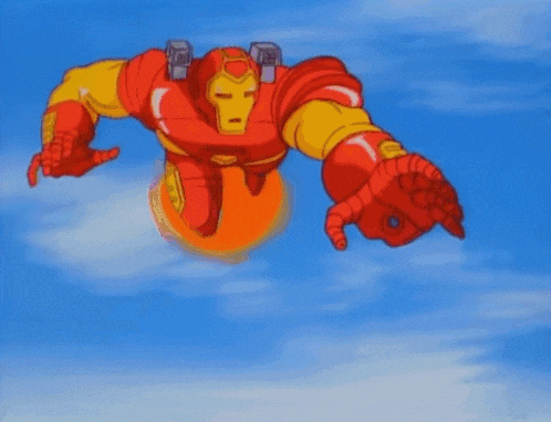 a cartoon of iron man flying through the air with a blue background .