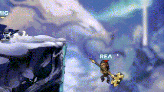 a person is holding a sword in a video game with the word rea on the bottom .