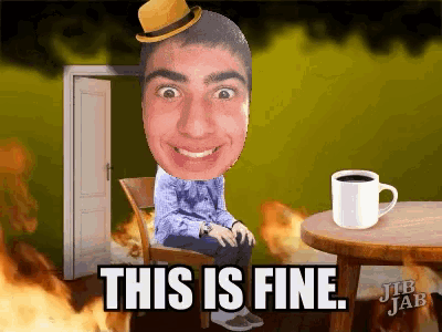 a picture of a man sitting in a chair with the words this is fine above him