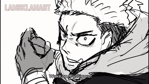 a black and white drawing of a man with the words wake up fushiguro