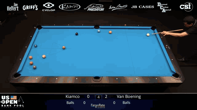 a pool table with the us open bank pool championship logo on it