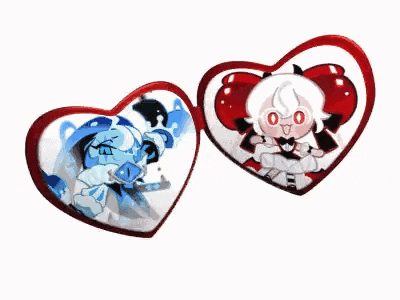 two heart shaped buttons with a picture of a cookie and a girl on them .