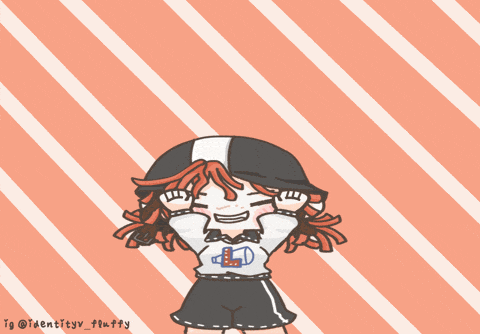 a drawing of a girl with red hair and a striped background says identityy fluffy