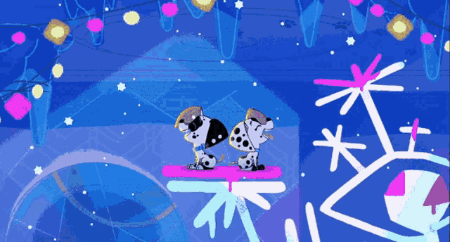 a cartoon drawing of two dalmatian dogs snowboarding