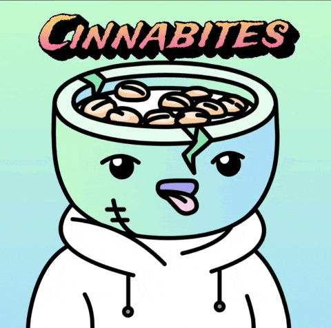 a cartoon drawing of a person with a bowl of cinnabites