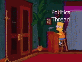 bart simpson is sitting at a podium in front of a door that says " me politics thread " on it