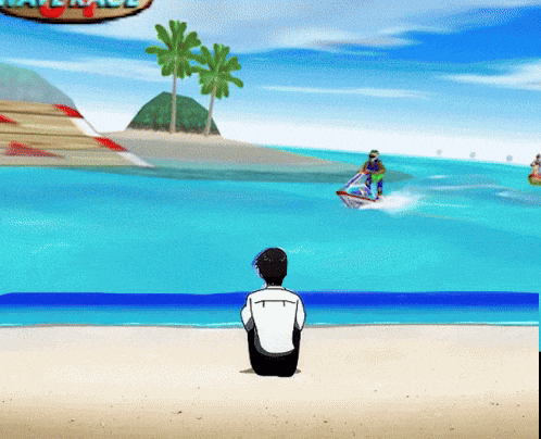 a man sits on the beach watching a man on a jet ski in the water