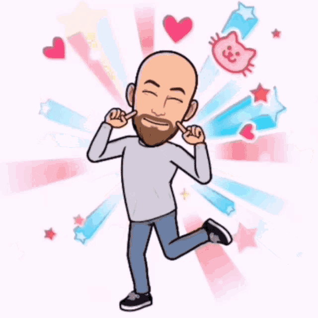 a cartoon of a man with a beard and a pink cat surrounded by hearts and stars