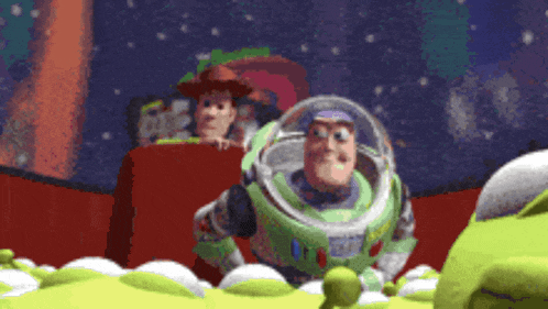 buzz lightyear and woody from toy story are looking at a green monster